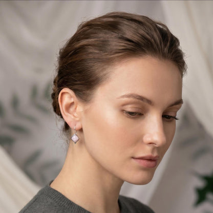 Pink Opal Drop Earrings – Sterling Silver, 8mm Cushion Cut, Silversmith Studio