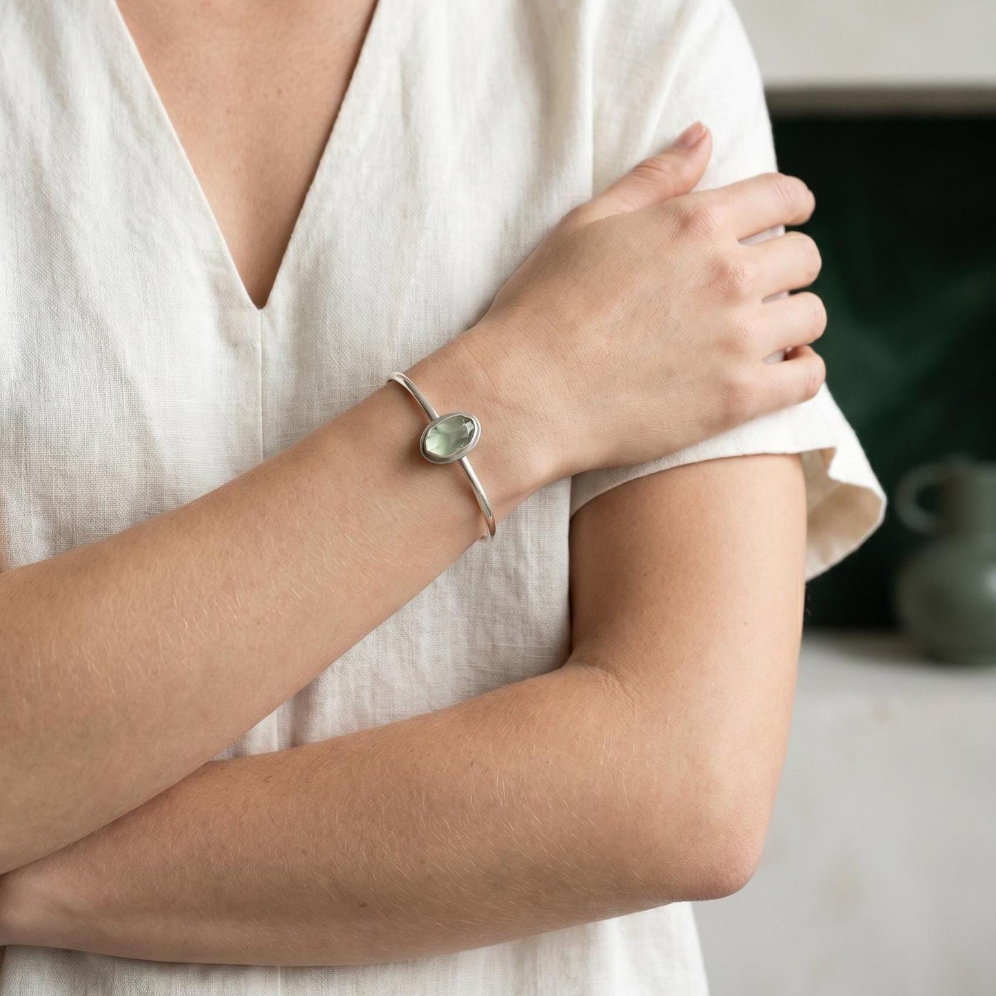 Prehnite Cuff Bracelet - .925 Sterling Silver - Silversmith - Open Bangle Bracelet