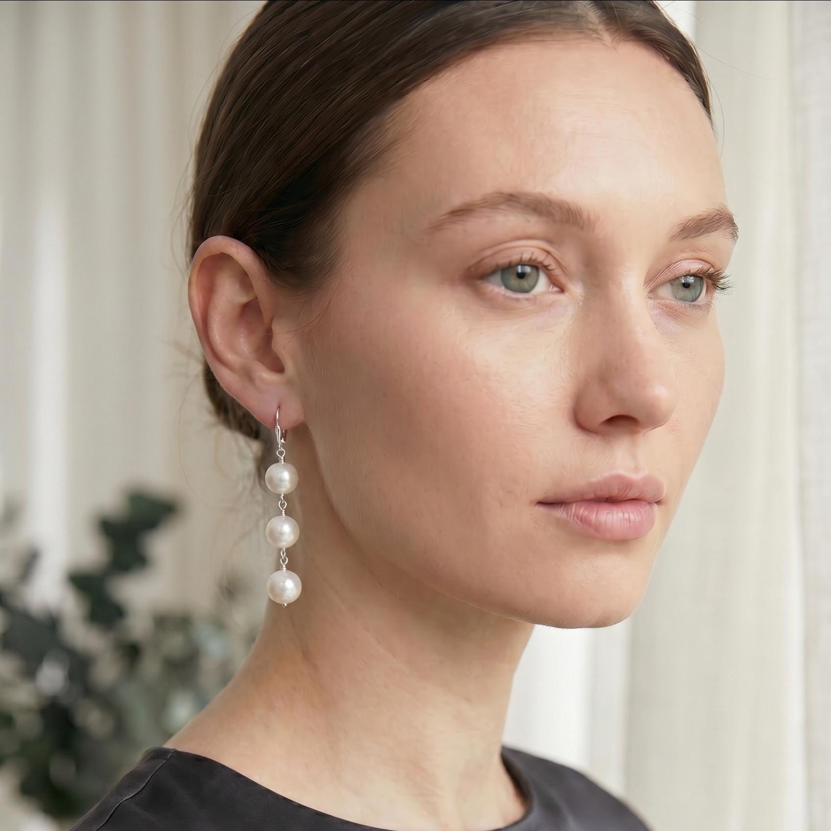 Big Freshwater Pearl Drop Earrings – Sterling Silver, Elegant Wedding Jewelry