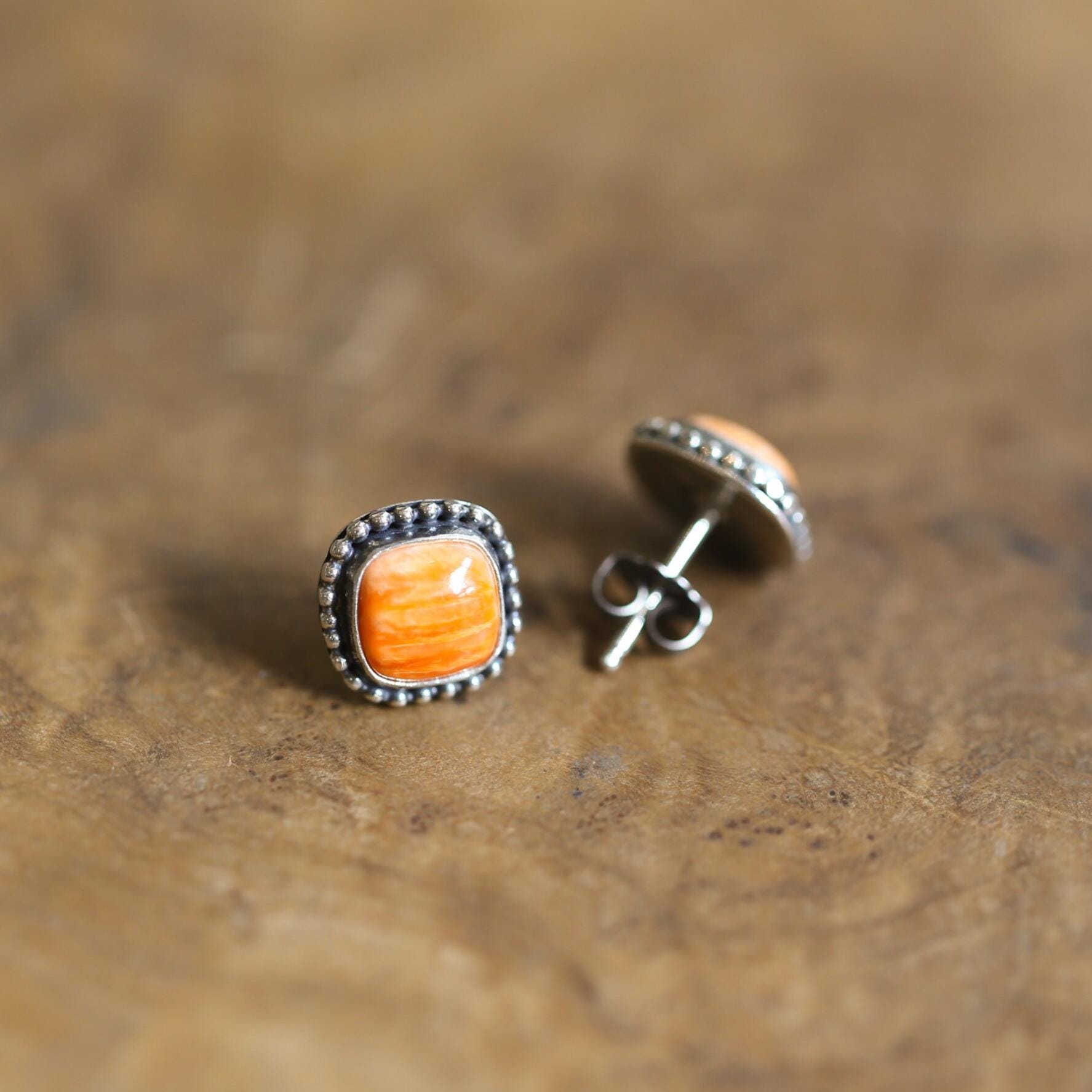 Spiny Oyster Post Earrings - Orange Stud Earrings - Sterling Silver