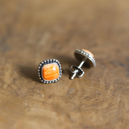 Spiny Oyster Post Earrings - Orange Stud Earrings - Sterling Silver