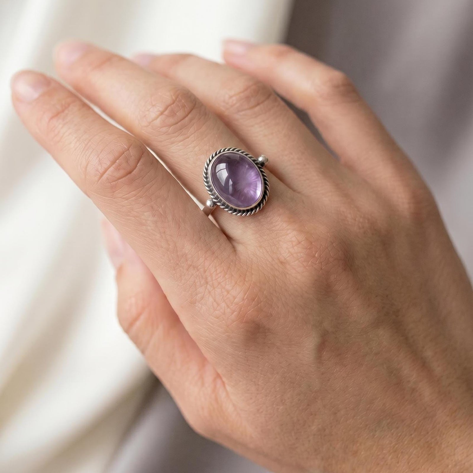 Dainty Amethyst Ring – Sterling Silver, Oval Cabochon