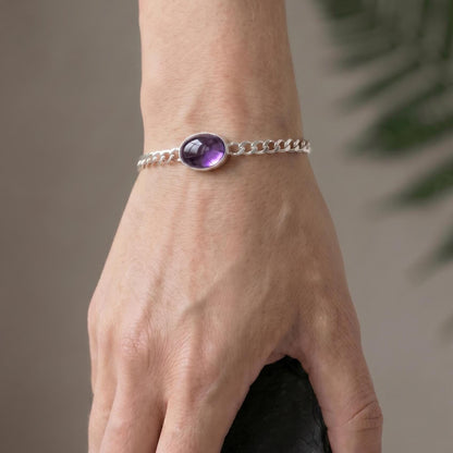 Amethyst Link Bracelet - Sterling Silver Amethyst Bracelet - Silver Chain Link Bracelet