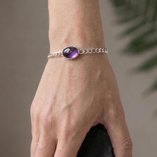 Amethyst Link Bracelet - Sterling Silver Amethyst Bracelet - Silver Chain Link Bracelet