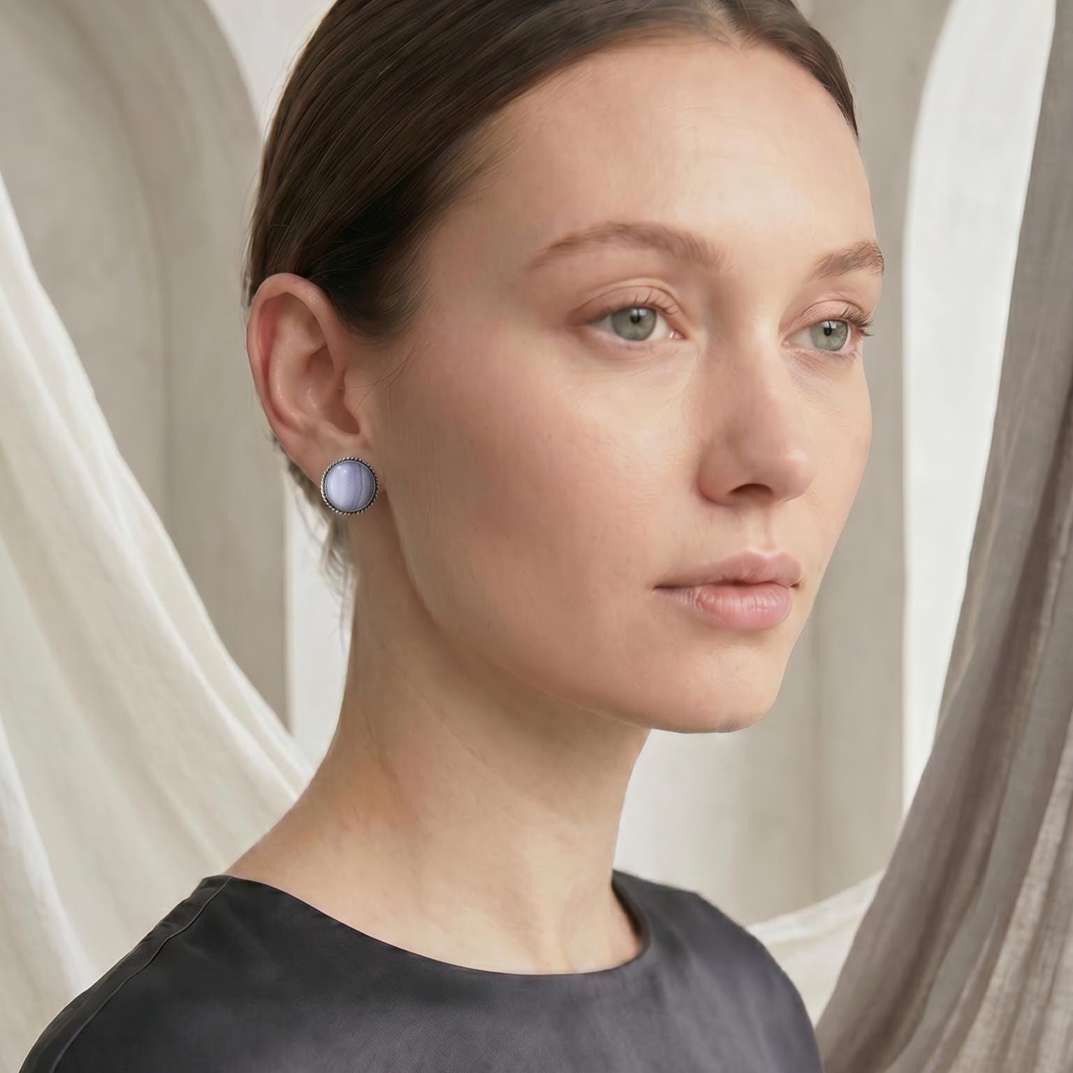 Blue Lace Agate Sterling Silver Stud Earrings - Handmade Silversmith Jewelry