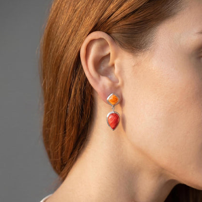 Two-Tone Spiny Oyster Sterling Silver Earrings – Red and Orange Drops