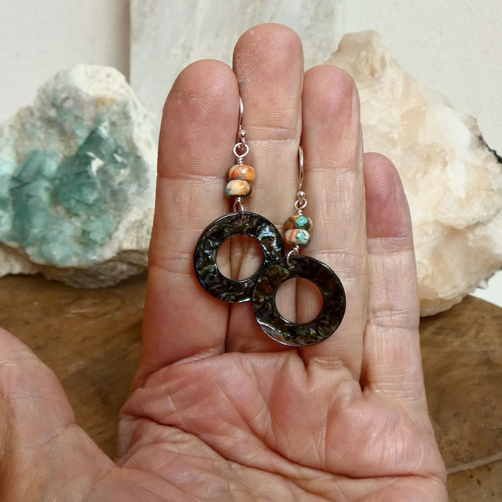 Spiny Oyster Turquoise and Abalone Earrings- .925 Sterling Silver