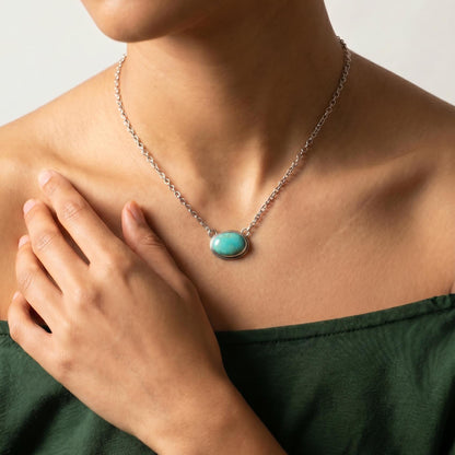 Oval Turquoise Pendant Necklace – Sterling Silver Boho Chain