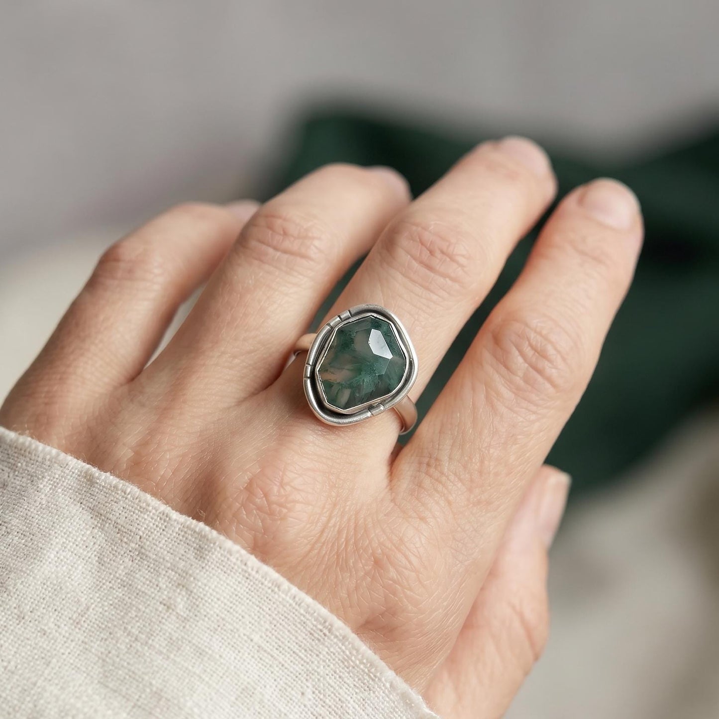 Custom Green Moss Agate Boho Ring - Choose Your Stone - Sterling Silver