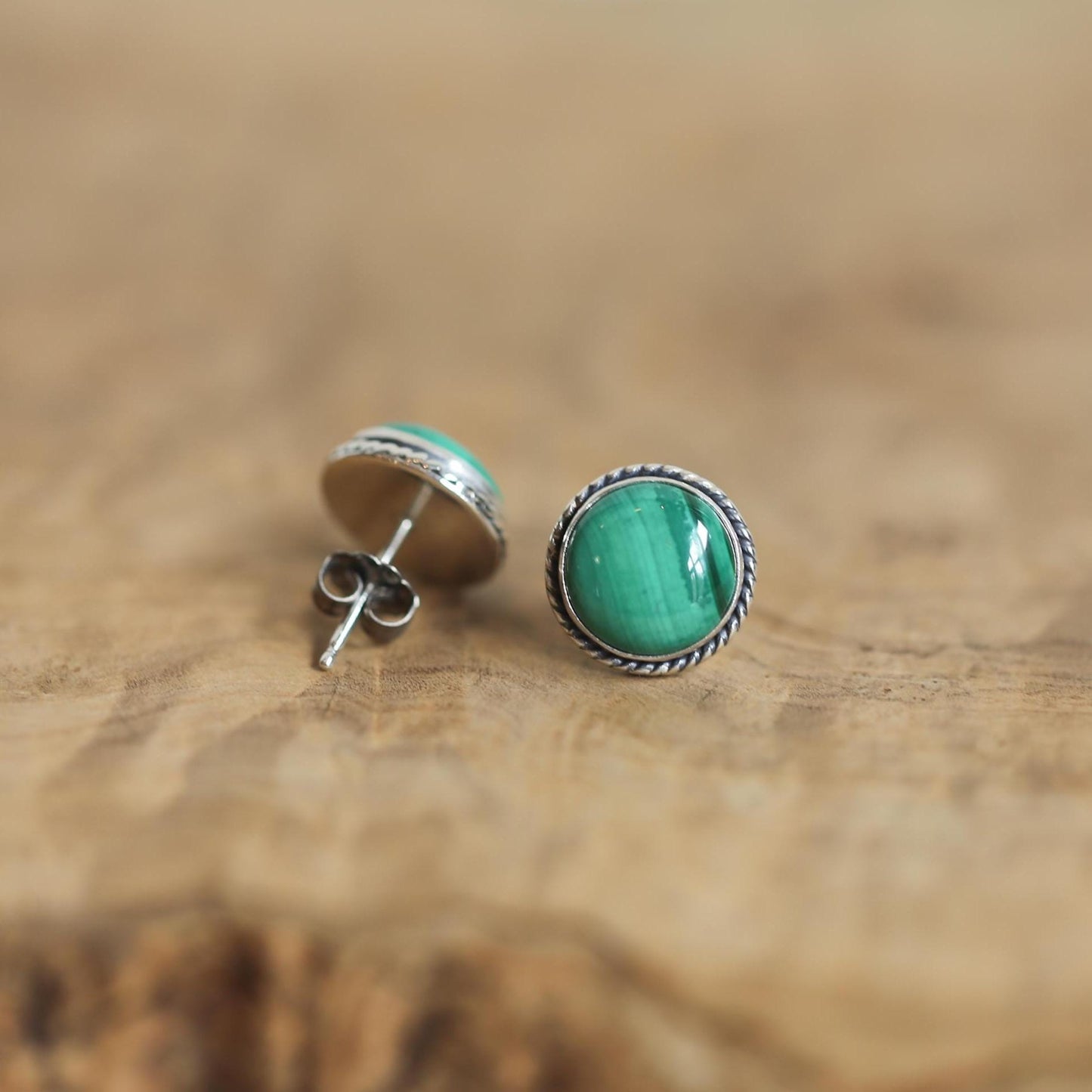 Sterling Silver Malachite Stud Earrings – Traditional Bezel Set