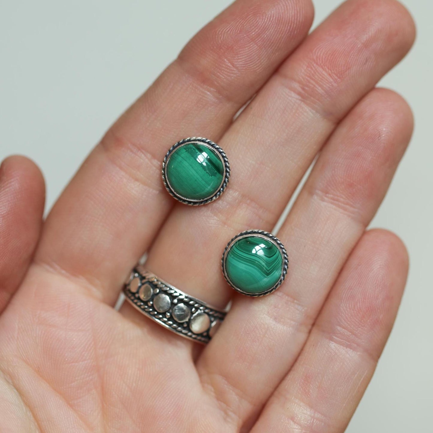 Sterling Silver Malachite Stud Earrings – Traditional Bezel Set