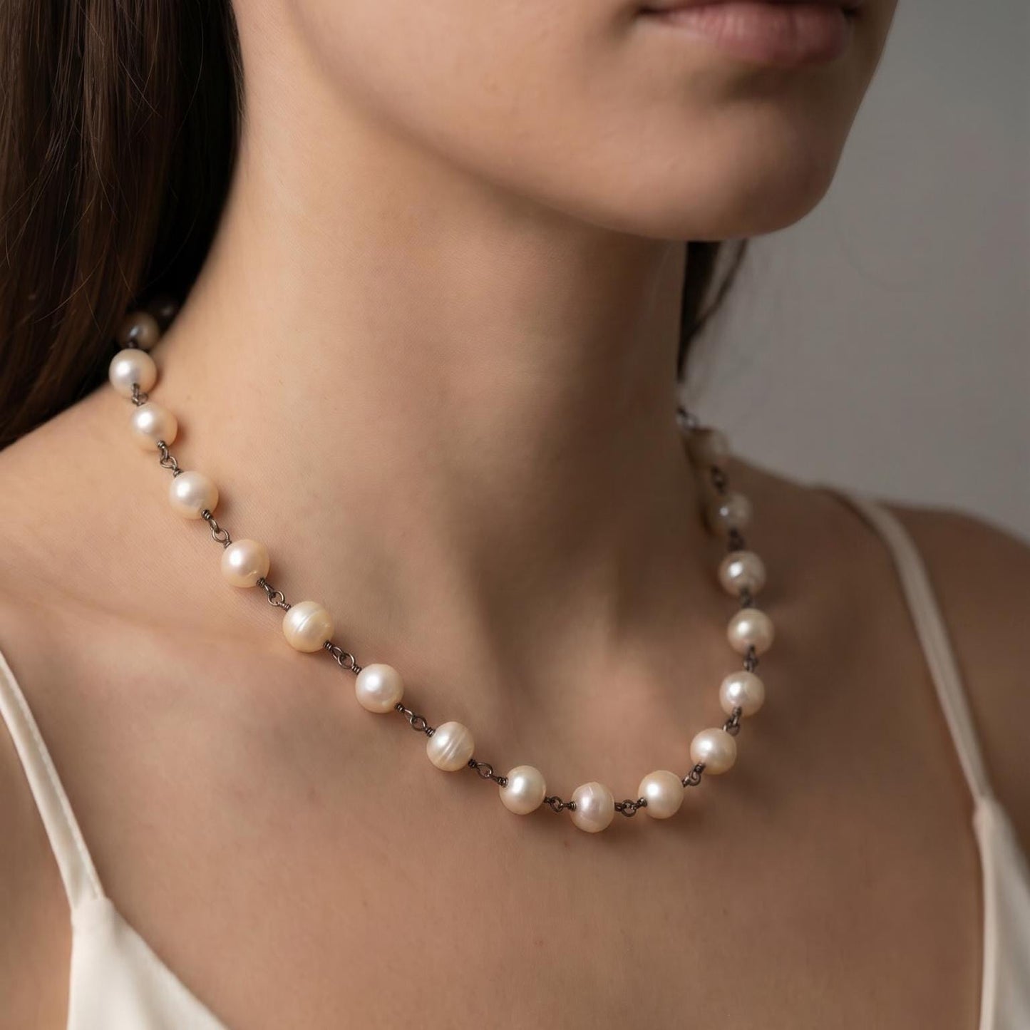 Rosarita Choker - Freshwater Pearl Necklace - Oxidized Sterling Silver