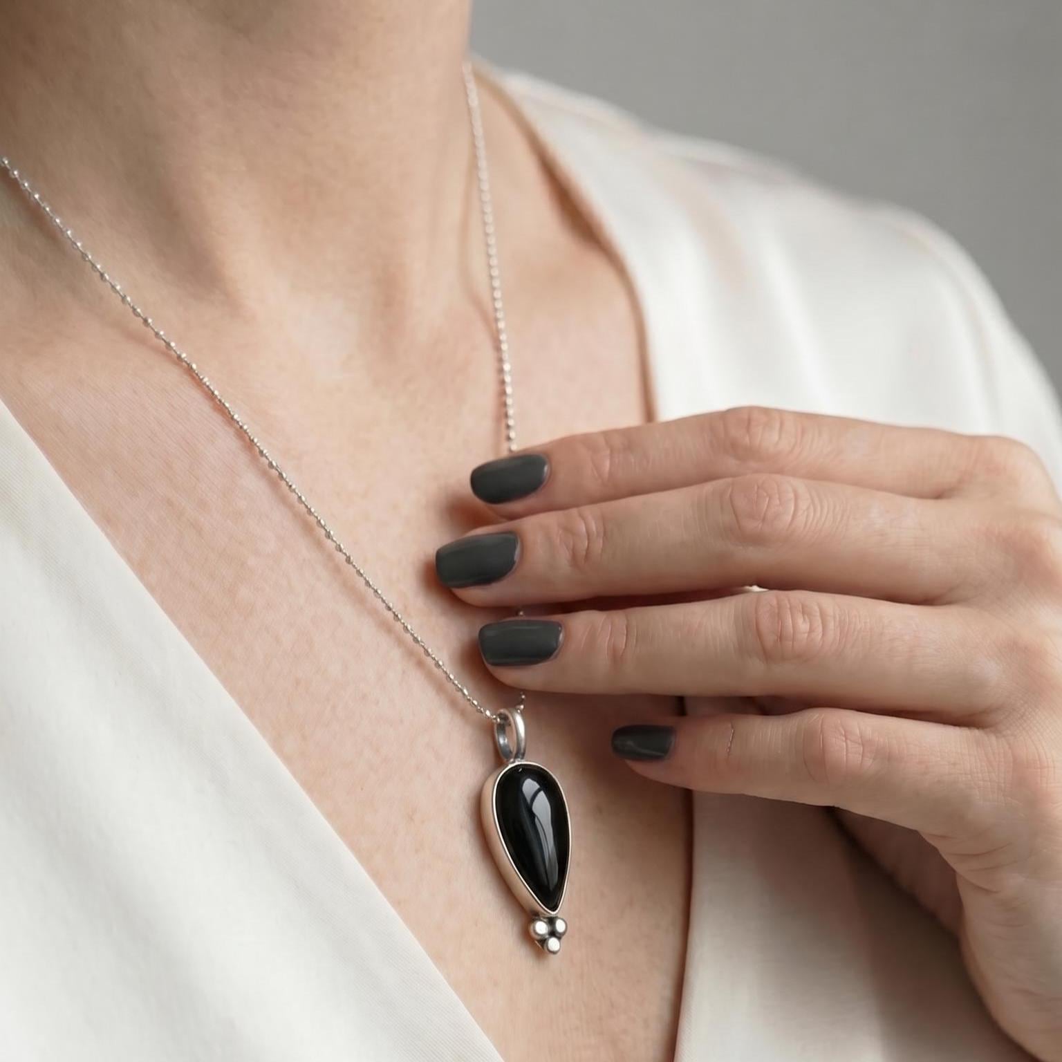 Black Agate Pear Pendant – Sterling Silver Silversmith Necklace