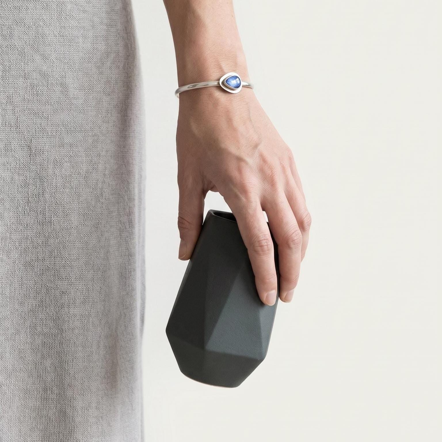 Blue Kyanite Sterling Silver Cuff Bracelet - Pear Cabochon