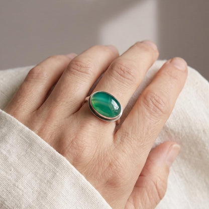 CUSTOM Banded Green Agate East-West oval Ring - Sterling Silver