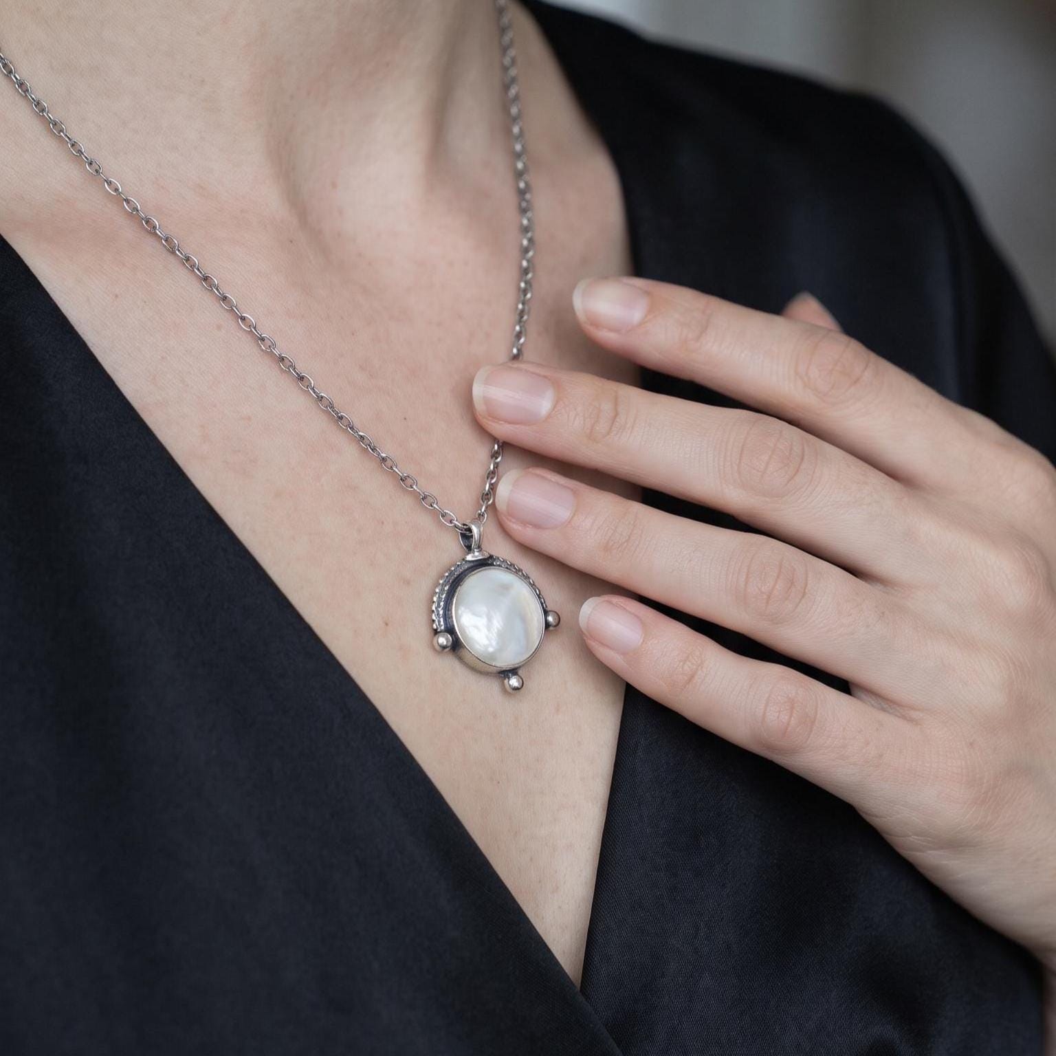 Mother of Pearl Compass Pendant – Sterling Silver Silversmith Necklace