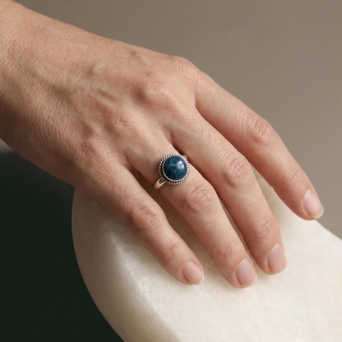 Teal Apatite Sterling Silver Ring - Handmade Stacker Ring