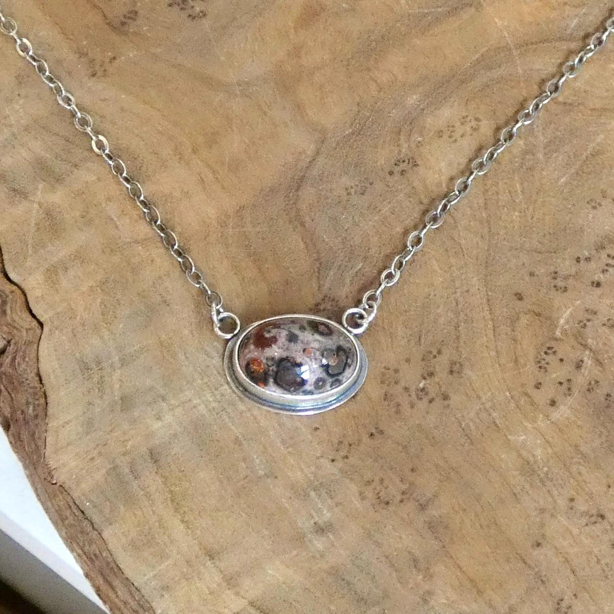 Leopard Skin Jasper East West Oval Pendant - .925 Sterling Silver Necklace
