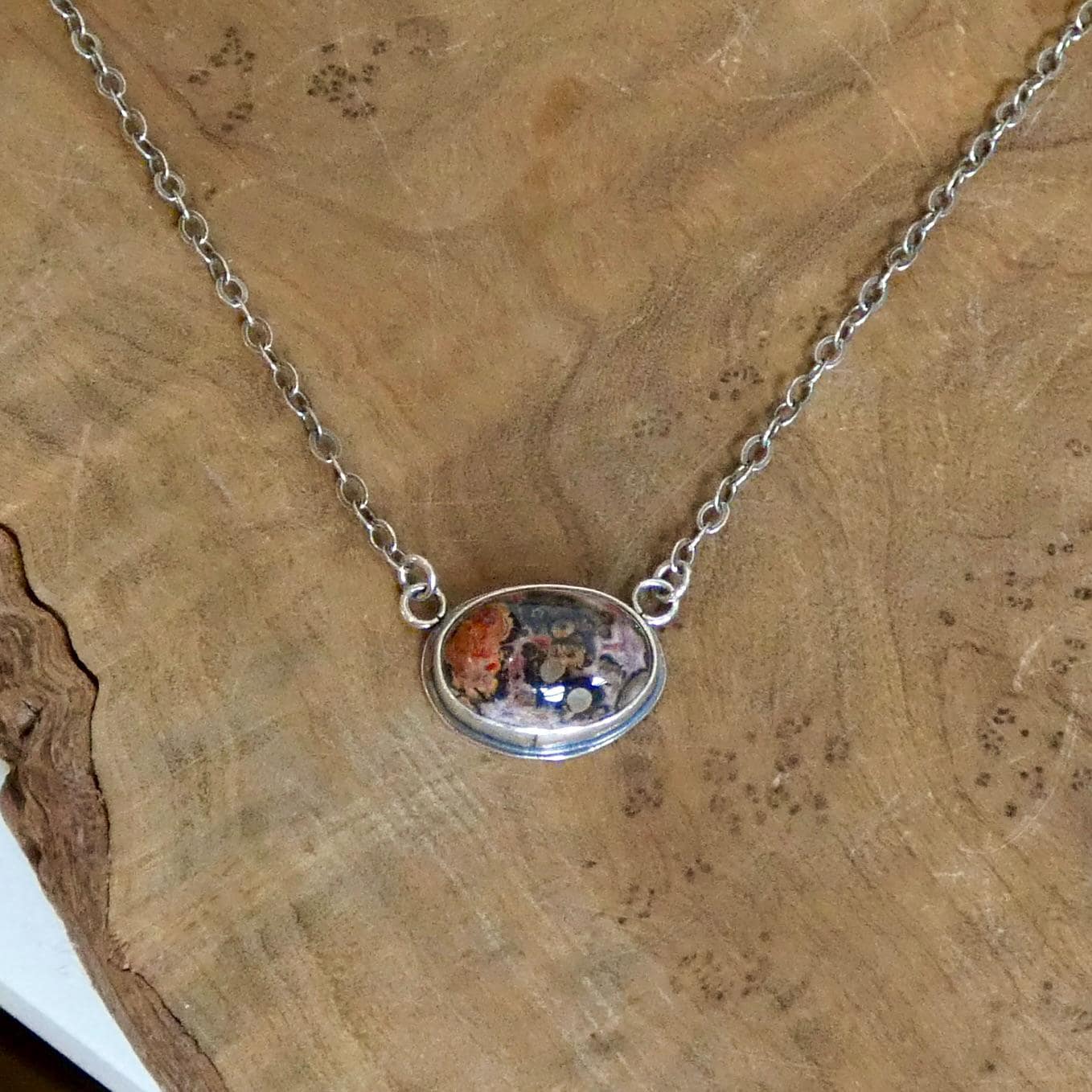 Leopard Skin Jasper East West Oval Pendant - .925 Sterling Silver Necklace