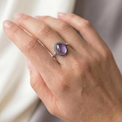 Dainty Amethyst Ring – Sterling Silver, Oval Cabochon
