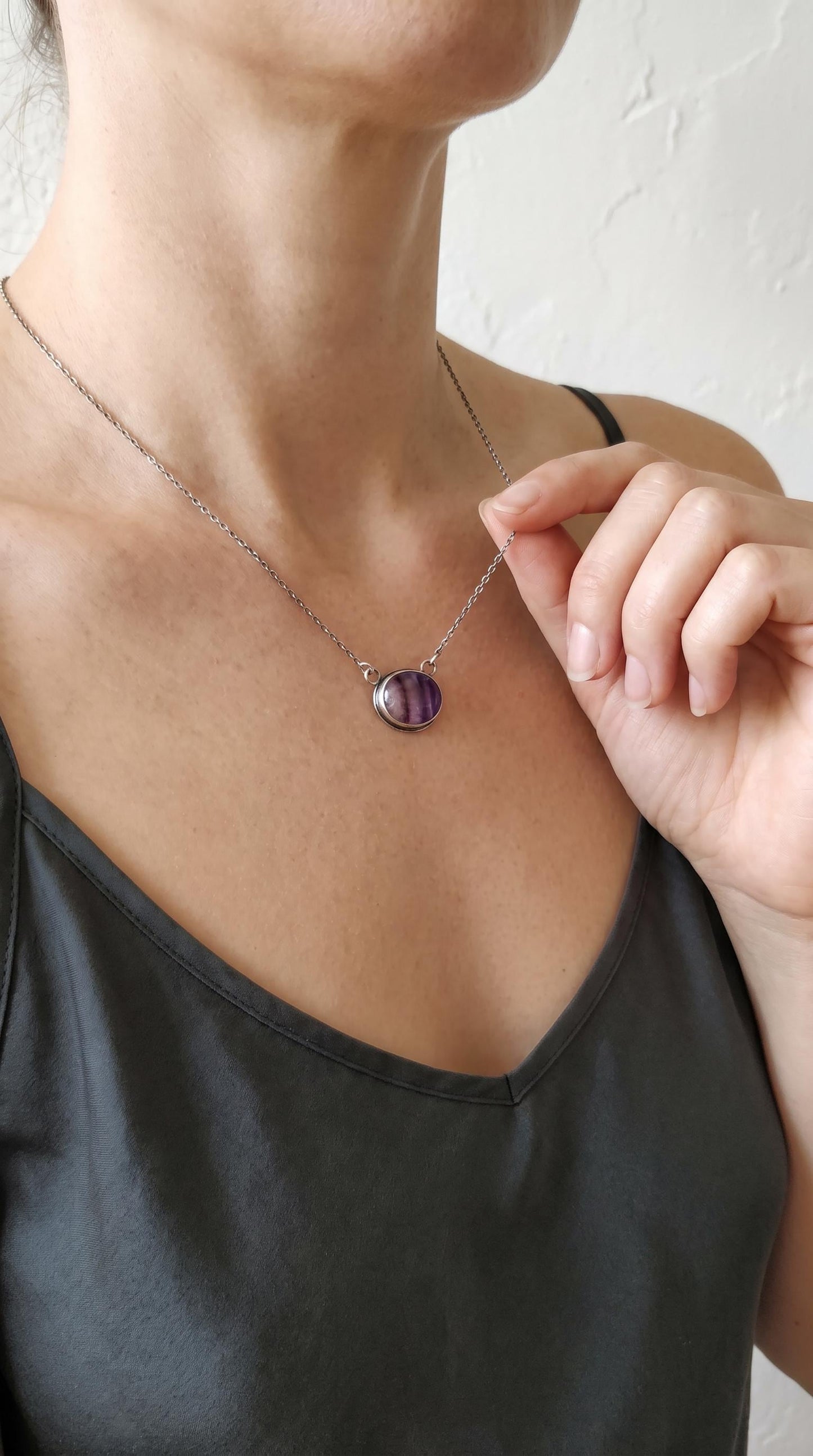 Rainbow Fluorite Pendant with Chain | Sterling Silver