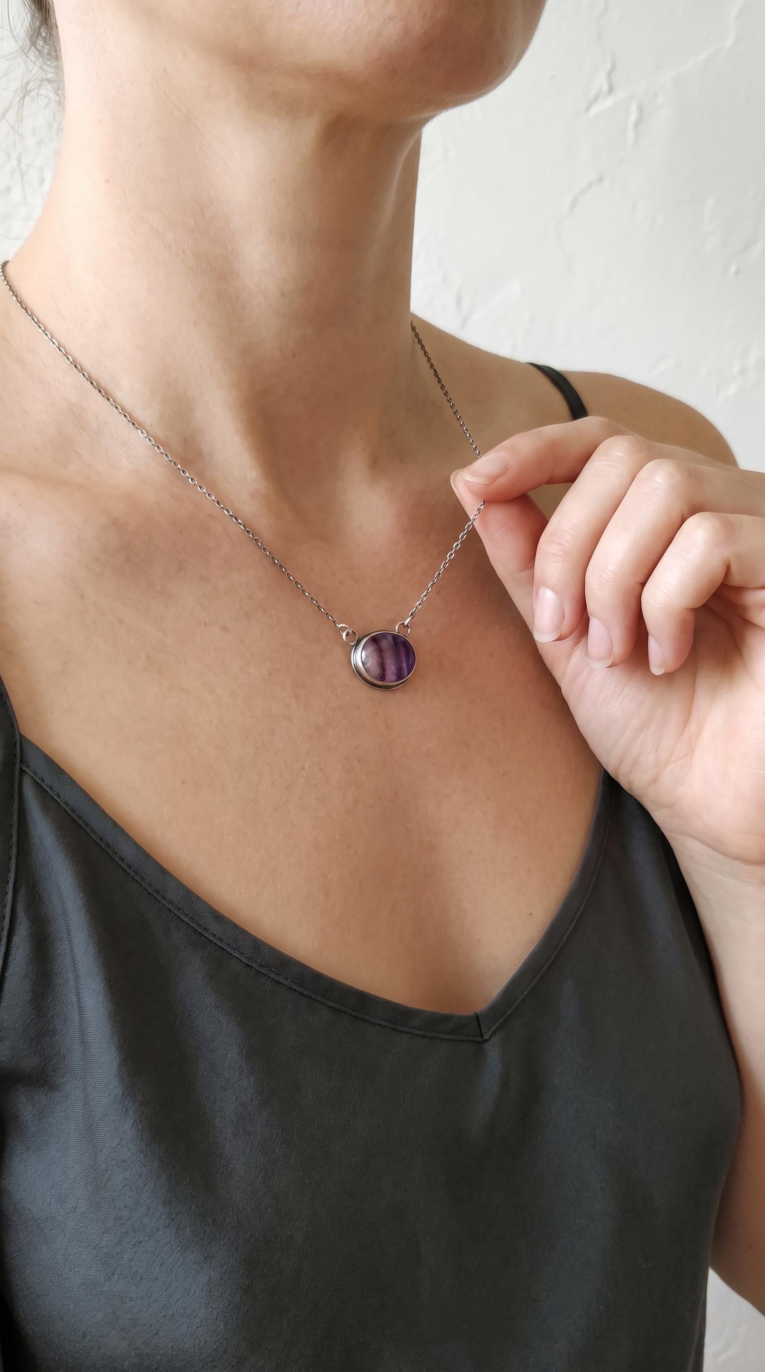 Rainbow Fluorite Pendant with Chain | Sterling Silver