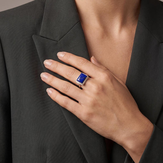AAA Blue Lapis Ring - East-West Rectangle - .925 Sterling Silver