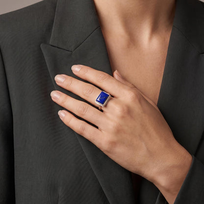 Blue Lapis Ring East-West Rectangle Ring | Sterling Silver
