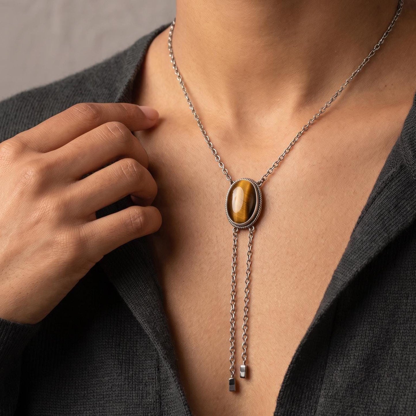 Tiger's Eye Sterling Silver Bolo Necklace - Southwestern Y Necklace