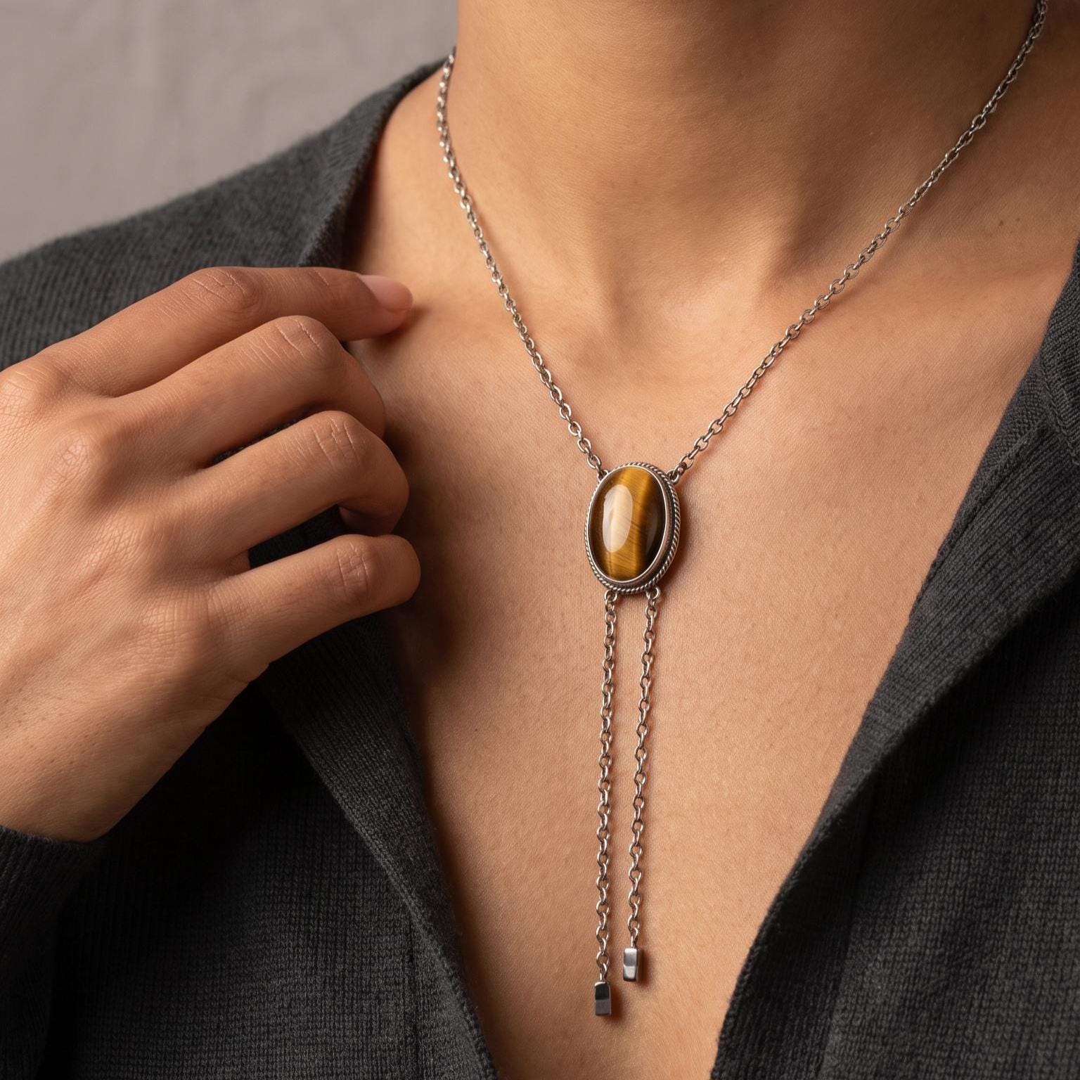 Tiger's Eye Sterling Silver Bolo Necklace - Southwestern Y Necklace