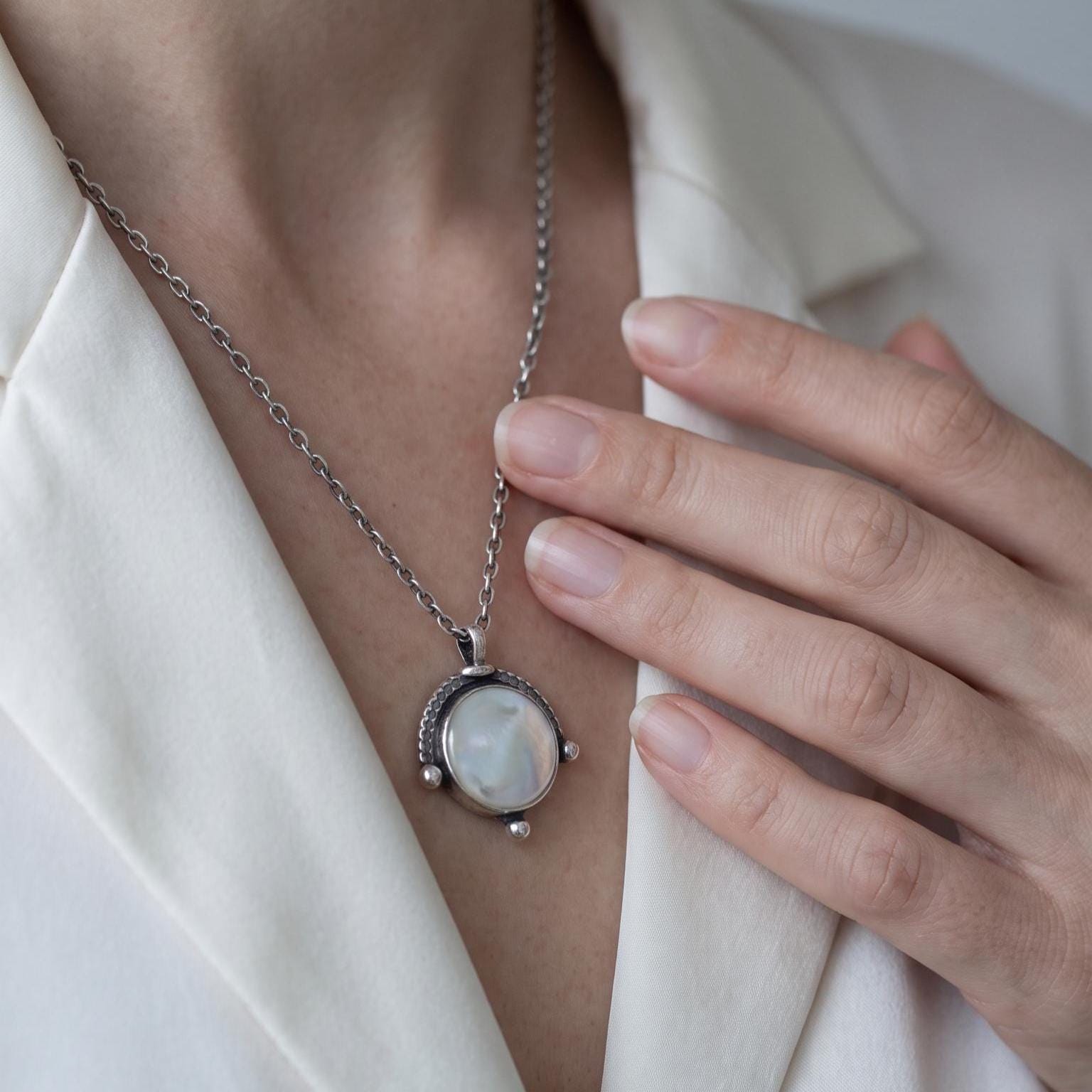 Mother of Pearl Compass Pendant – Sterling Silver Silversmith Necklace