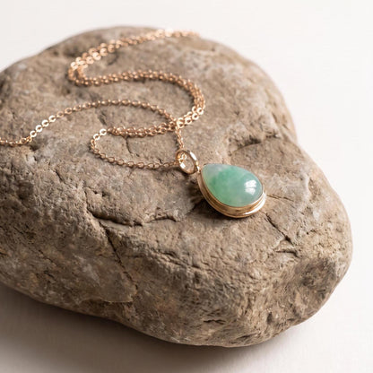 Green Jade Teardrop Pendant - Burma Jade Sold Gold Charm - 18K and 14K Gold