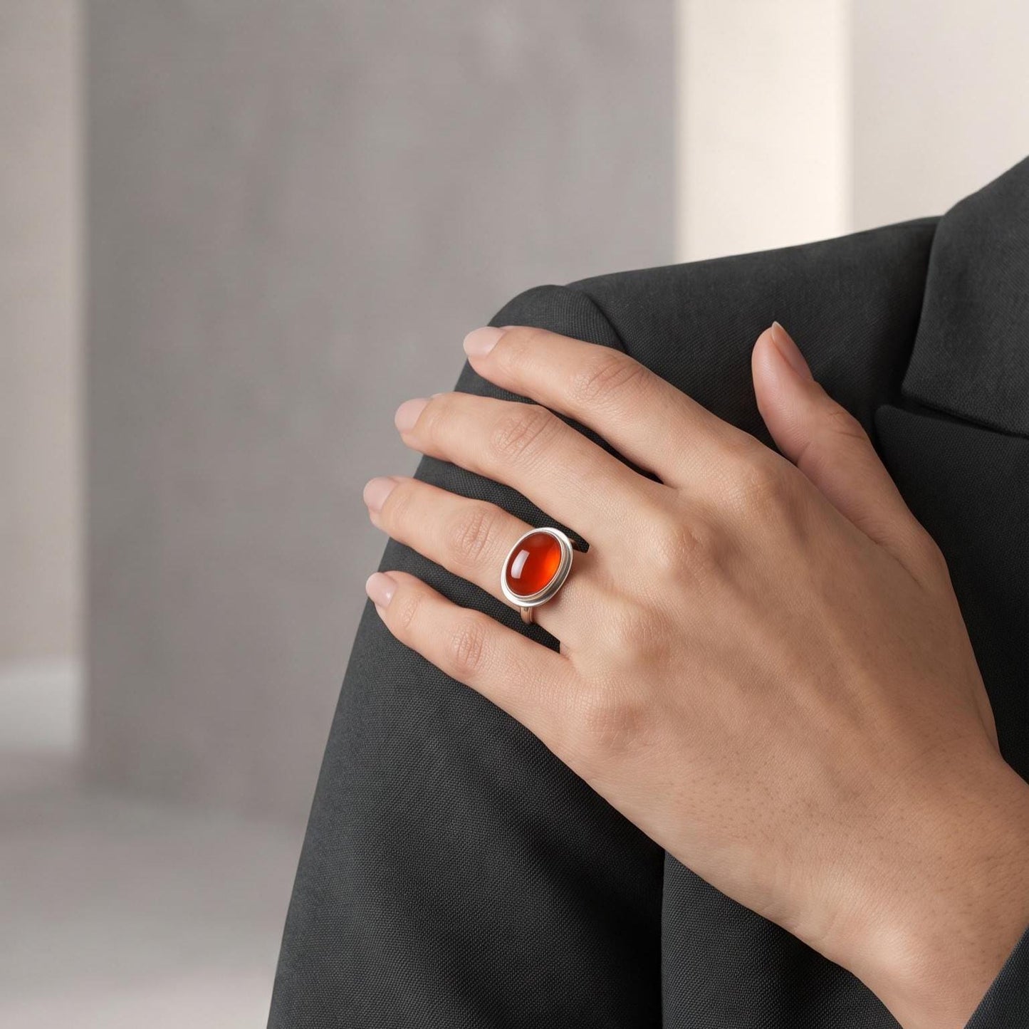 Orange Carnelian Sterling Silver Ring - East West Oval Silversmith Ring