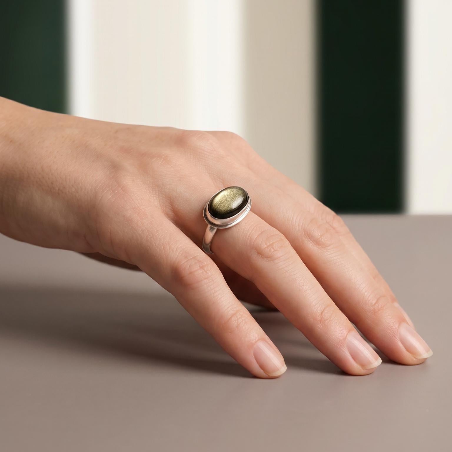 East West Golden Obsidian Ring - Sterling Silver Statement Ring