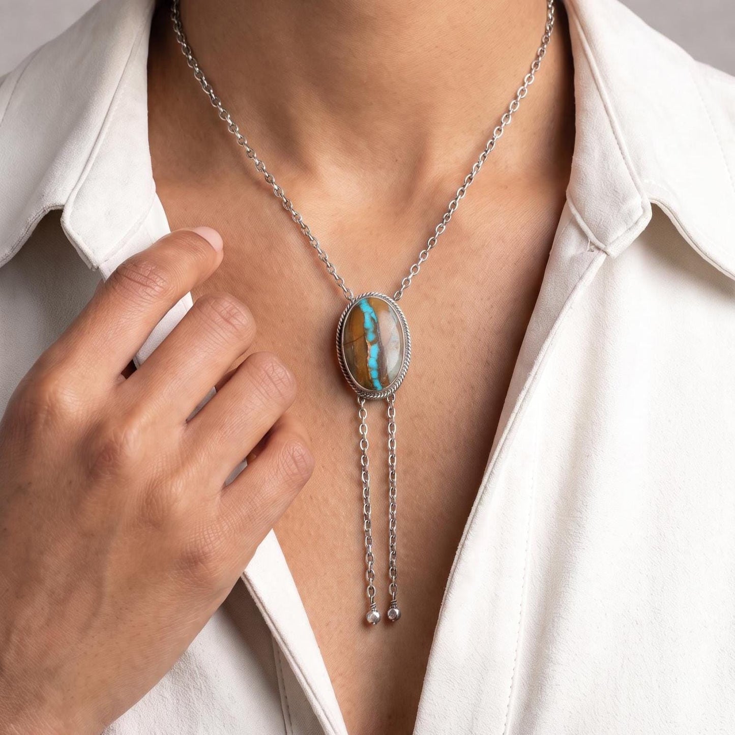 Royston Ribbon Turquoise Bolo Necklace – Sterling Silver - Southwestern Jewelry