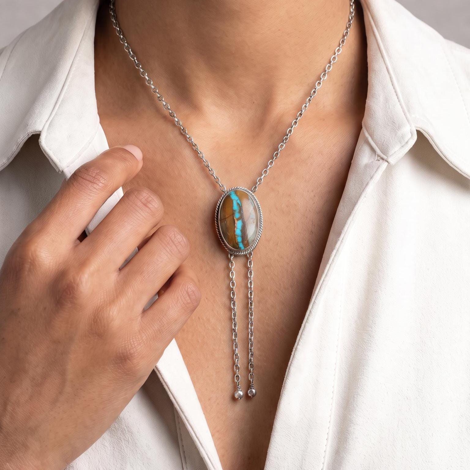 Royston Ribbon Turquoise Bolo Necklace – Sterling Silver - Southwestern Jewelry