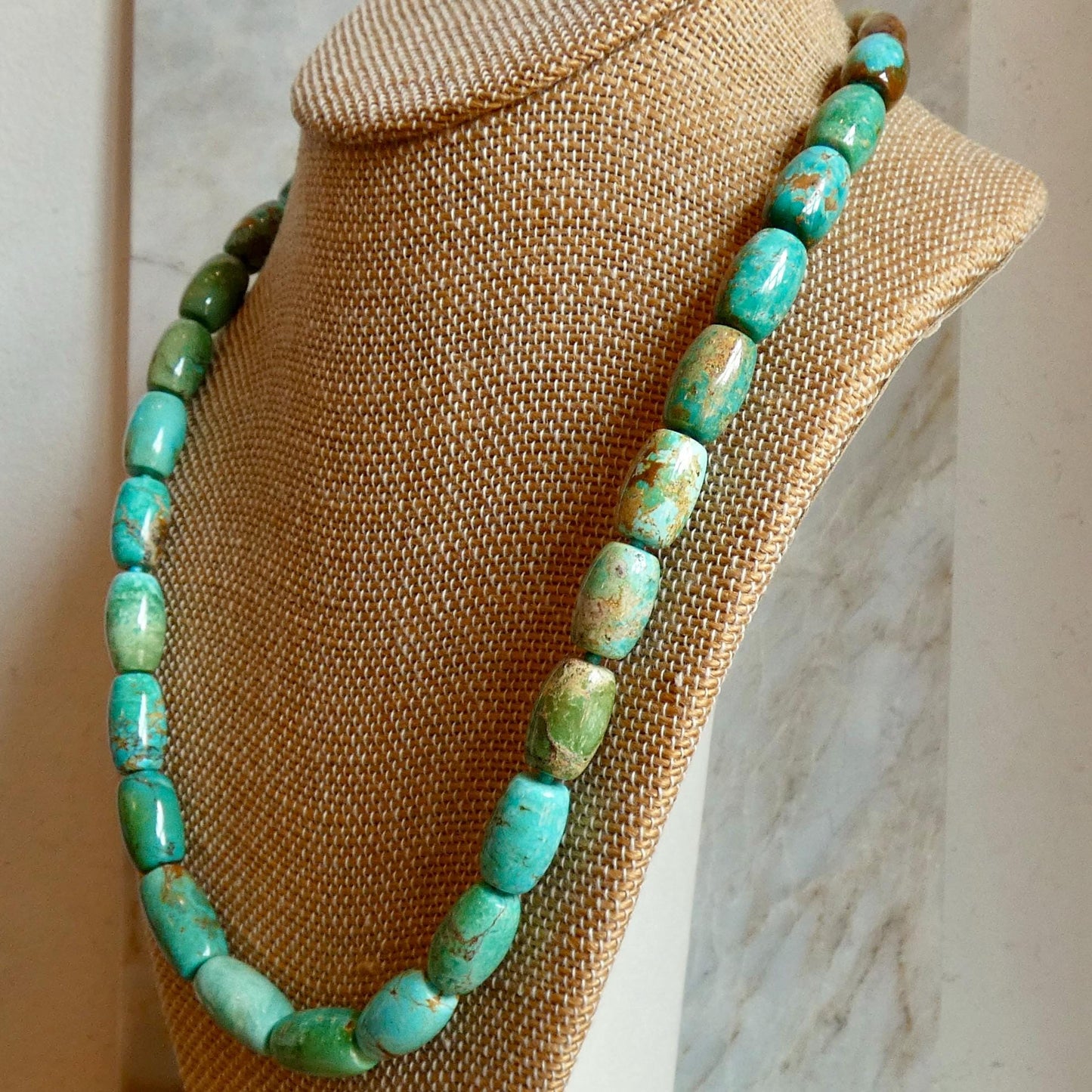 Hubei Turquoise Barrel Beads Necklace | Sterling Silver