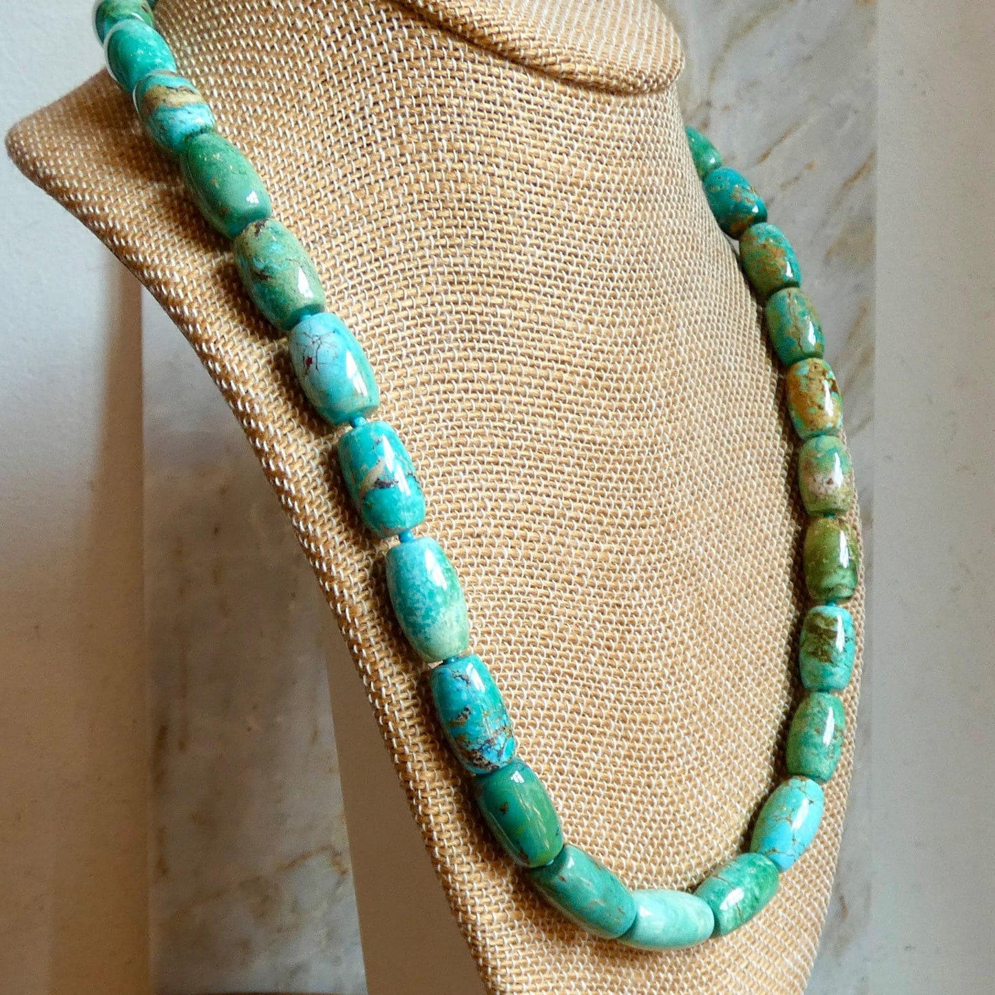 Hubei Turquoise Barrel Beads Necklace | Sterling Silver