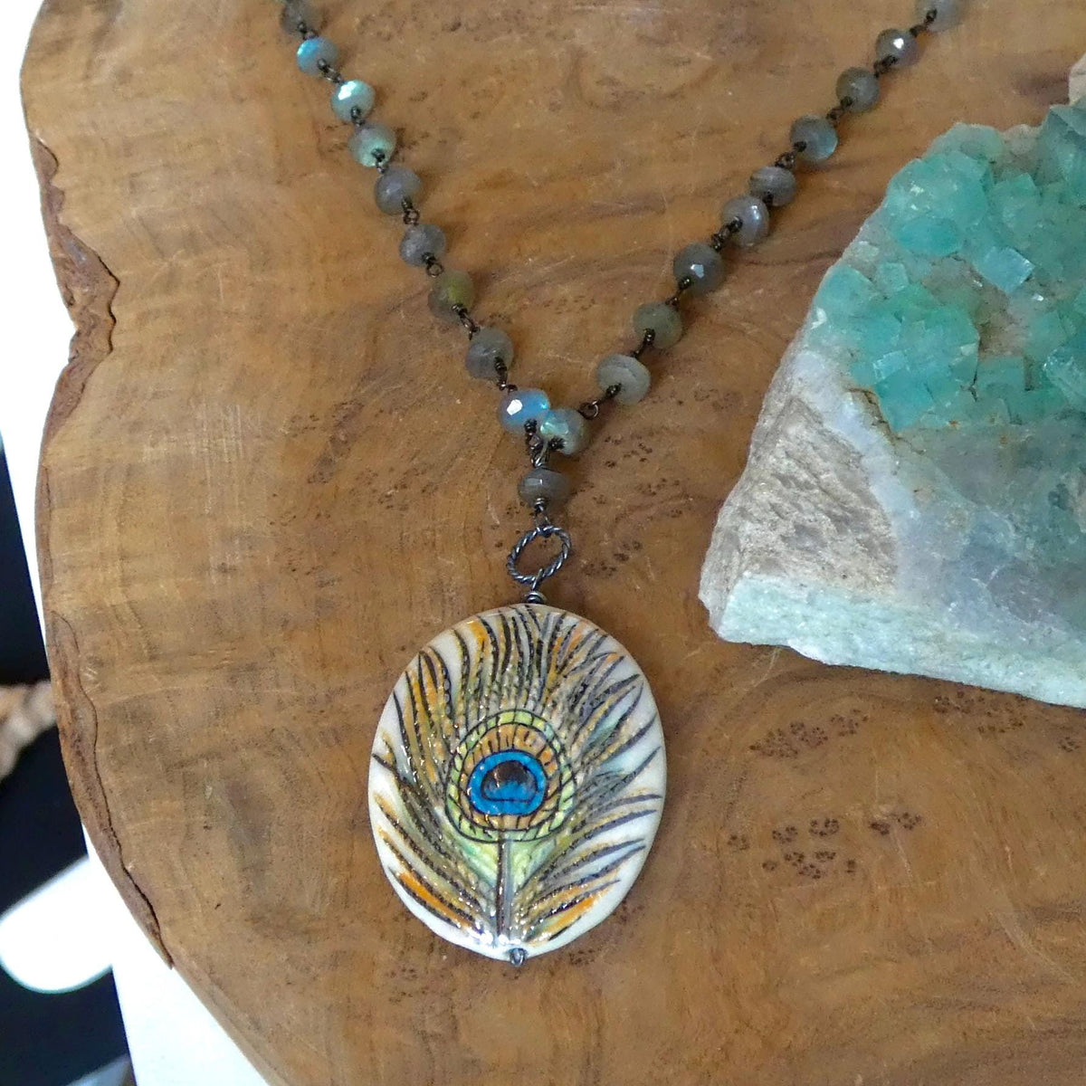 Labradorite Rosary Necklace with Porcelain Peacock Feather Focal | Sterling Silver