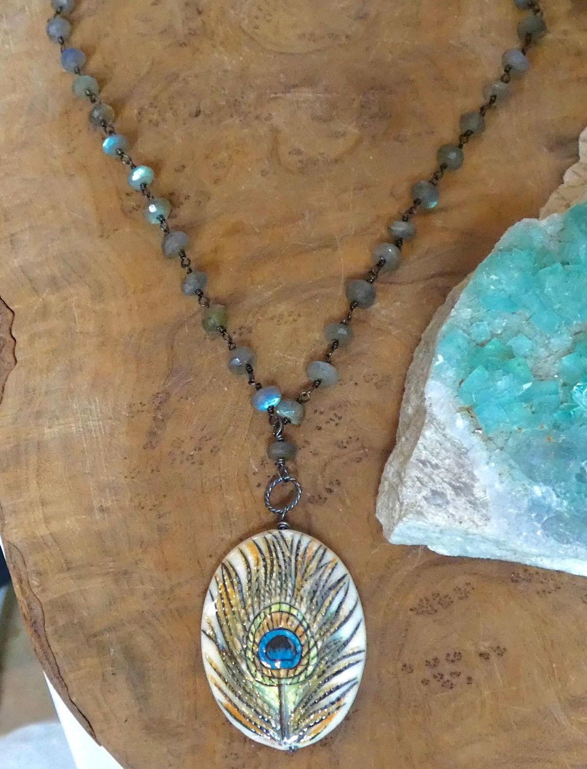 Labradorite Rosary Necklace with Porcelain Peacock Feather Focal | Sterling Silver
