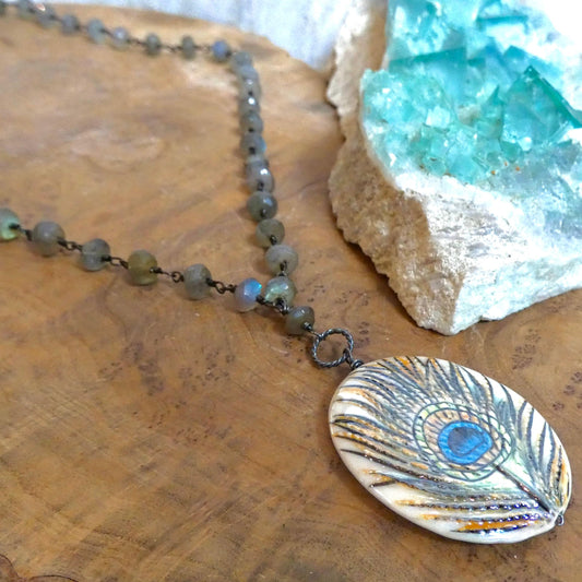 Labradorite Rosary Necklace with Porcelain Peacock Feather Focal | Sterling Silver
