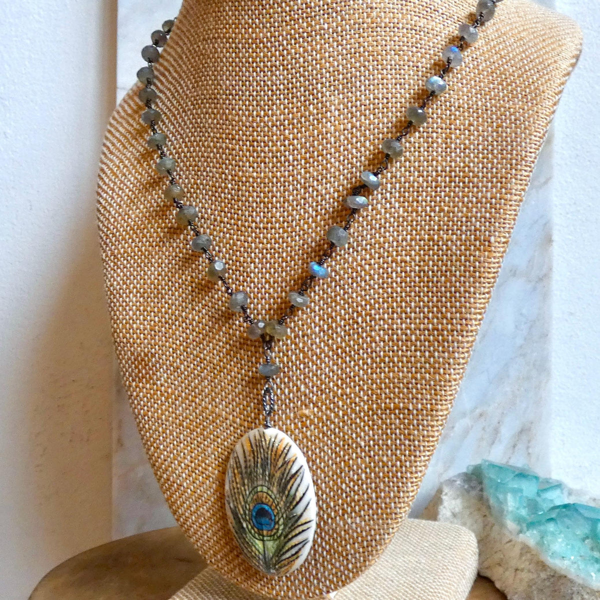 Labradorite Rosary Necklace with Porcelain Peacock Feather Focal | Sterling Silver