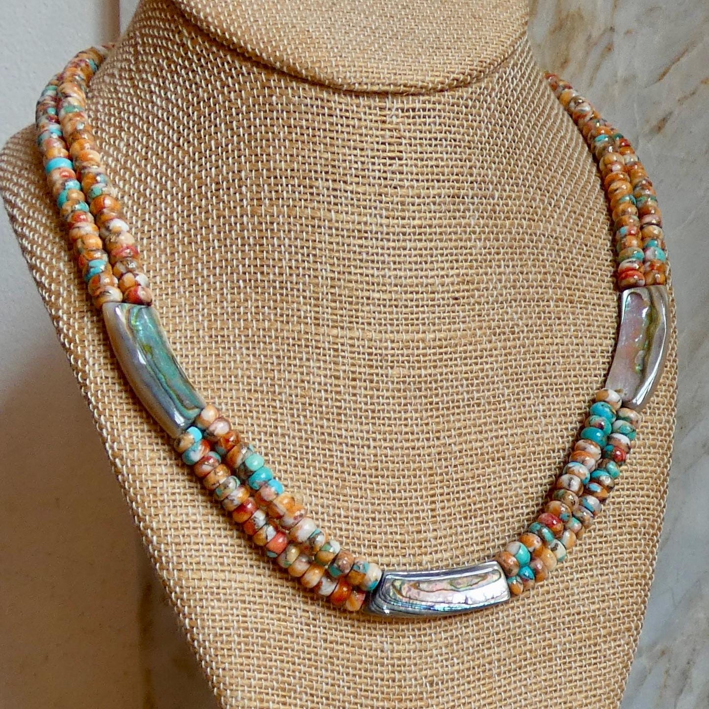 Spiny Oyster Turquoise Beaded Necklace - Abalone Shell Jewelry - .999 Silver