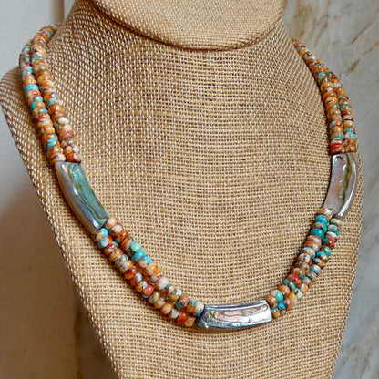 Spiny Oyster Turquoise Beaded Necklace - Abalone Shell Jewelry - .999 Silver