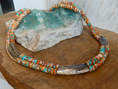 Spiny Oyster Turquoise Beaded Necklace - Abalone Shell Jewelry - .999 Silver