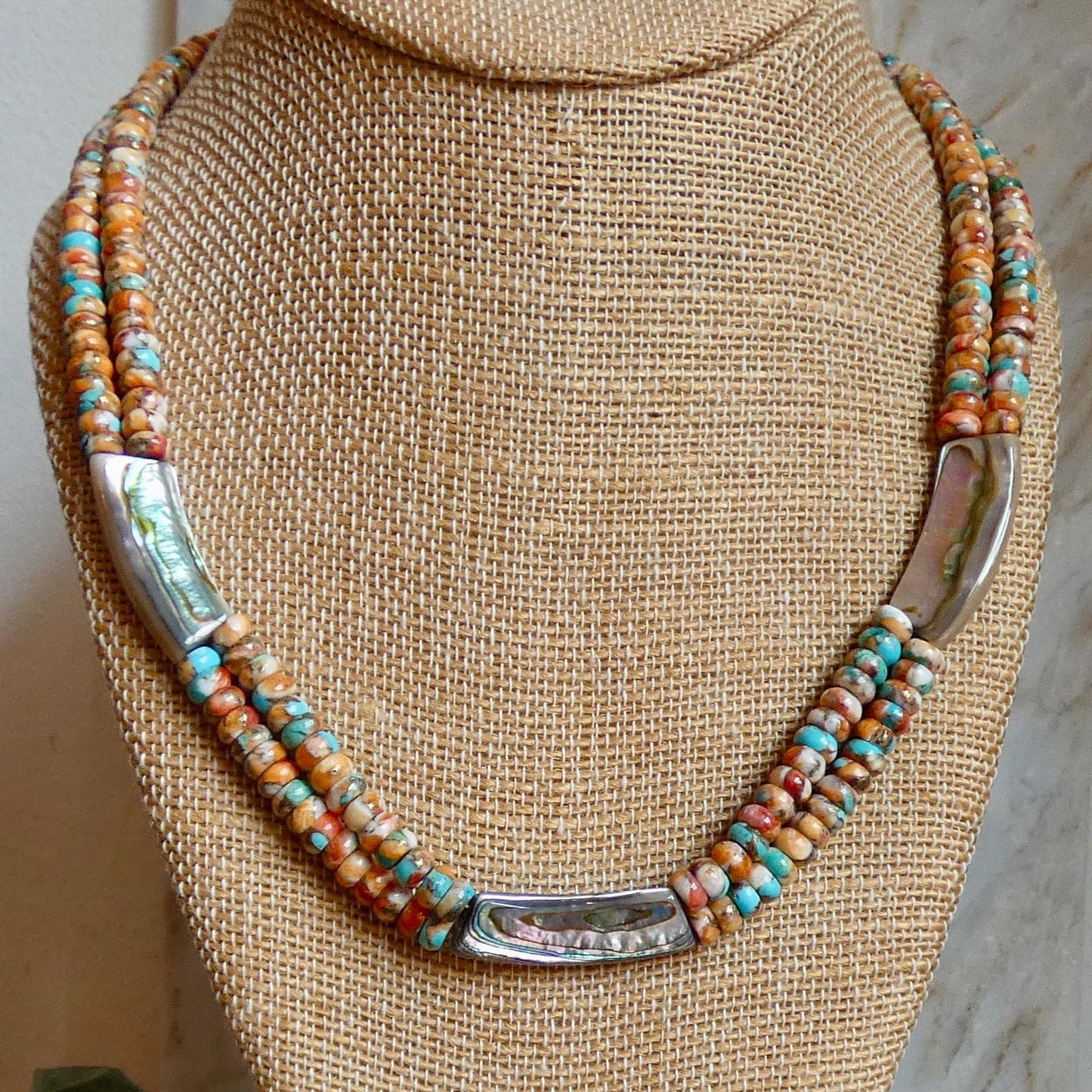 Spiny Oyster Turquoise Beaded Necklace - Abalone Shell Jewelry - .999 Silver