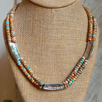 Spiny Oyster Turquoise Beaded Necklace - Abalone Shell Jewelry - .999 Silver