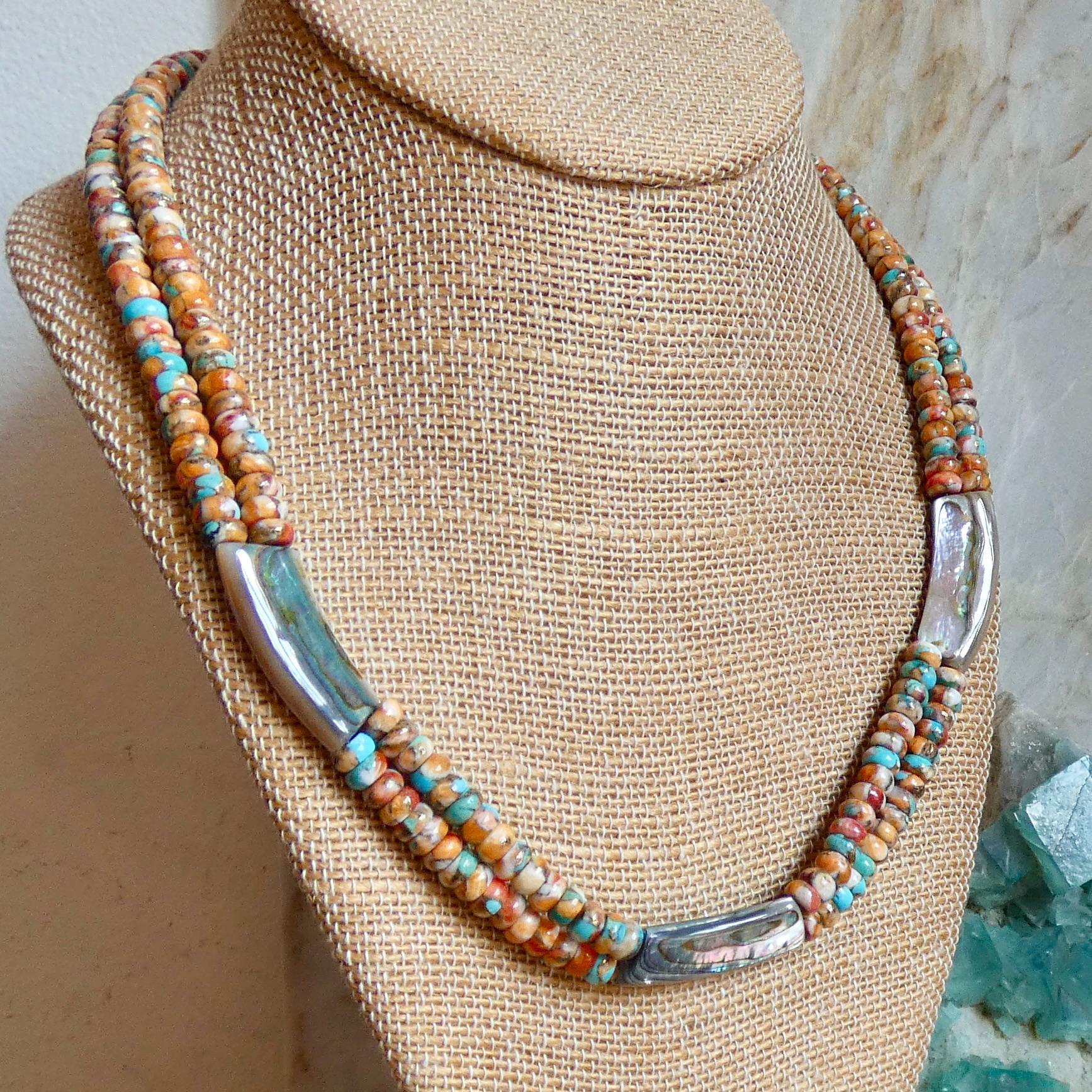 Spiny Oyster Turquoise Beaded Necklace - Abalone Shell Jewelry - .999 Silver