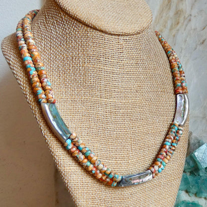 Spiny Oyster Turquoise Beaded Necklace - Abalone Shell Jewelry - .999 Silver