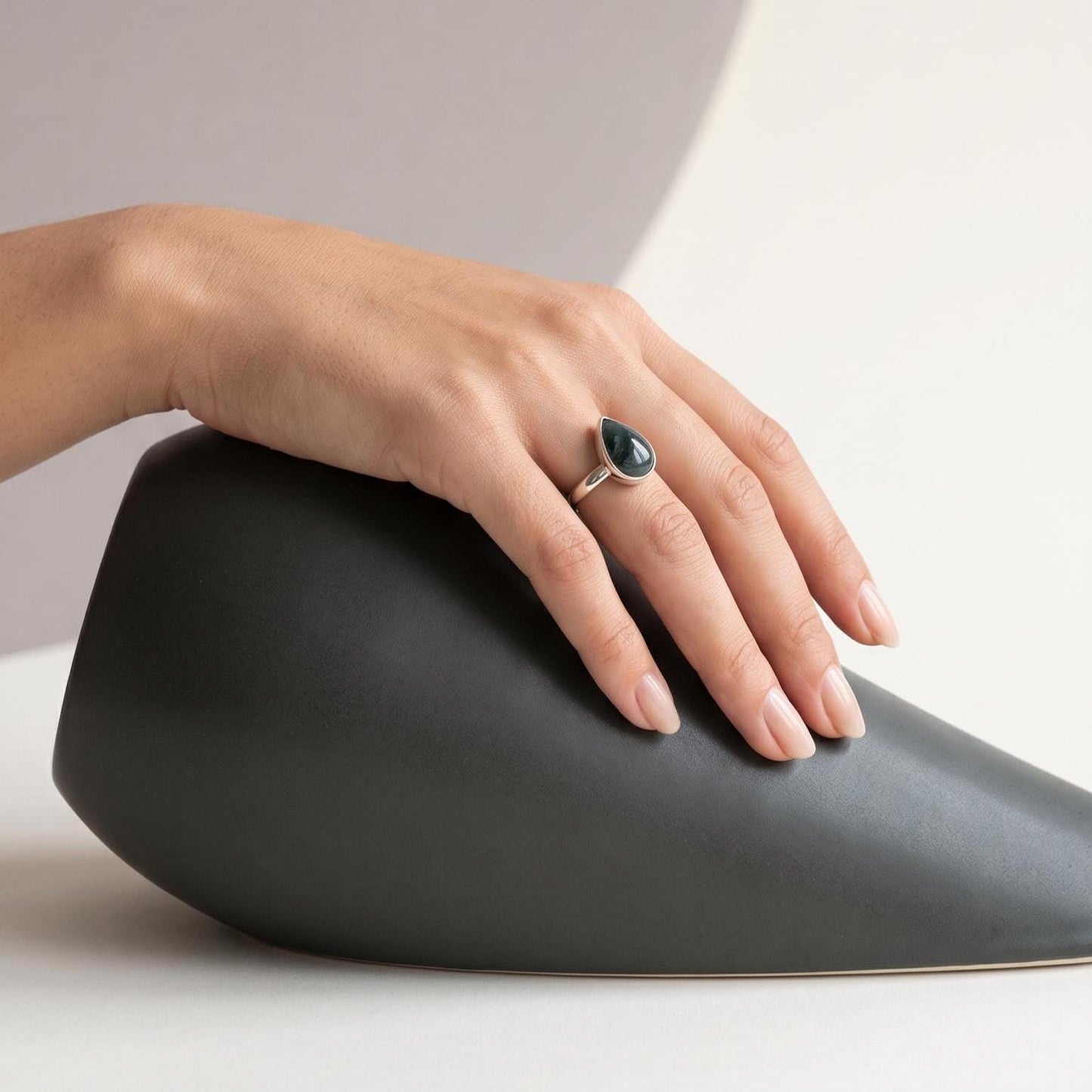 Pear-Shaped Moss Agate Ring | Sterling Silver